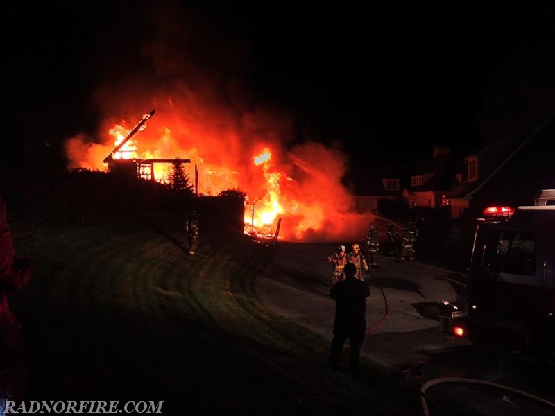 Initial fire crews from Radnor and Broomall began fire suppression efforts as other firefighters worked to get a water supply established.